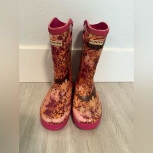 Kids Hunter Boots Pink Orange Floral Print Rubber Rain Boots Size 1